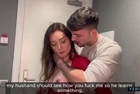 Watch this naughty MILF cheat on her husband with her fake-titted best friend and get a massive cumshot