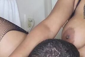 Watch this hot milf in stockings lick her ebony pussy and get pounded hard on webcam