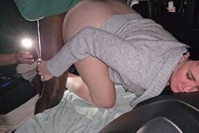 Petite wife gets creampied by BBC while her cuckold hubby watches in van