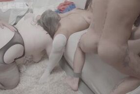 Brunette babe with small tits takes two cocks at once & gets a facial cumshot