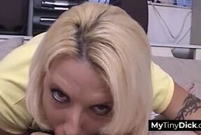 Hot blonde slut eagerly takes tiny cock in POV blowjob