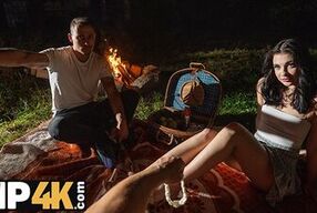 HUNT4K. Sexy skinny brunette doesn’t care about her BF and is giving a sloppy blowjob to a stranger