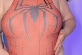 BBW DRESS AS SPIDERWOMAN LETS HER BELLY HANG