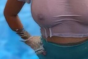 Wifey wet shirt in the pool with perfect braless tits