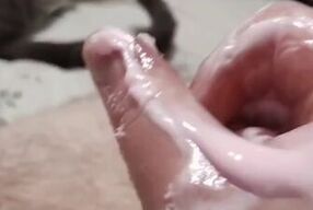 Getting my cock stroked with a cumshot and moaning oily cock