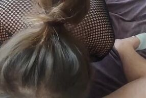 A girl gives a blowjob and gets fucked hard by a man while her wife is away