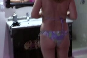 At the motel, I put on a bikini to go to the jacuzzi, stepbrother masturbates while watching me