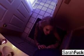 Pornstar Sarah Jessie gives a BJ in the bathroom