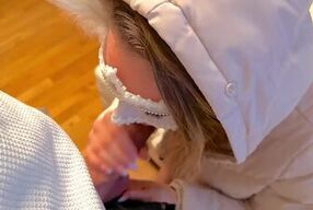 Down Jacket Blowjob On Our Couch - After We Got Home My Boyfriend Comes All Over Me