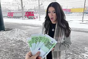 Katty West fucks & sucks for cash on a train, getting a cumshot on her ass